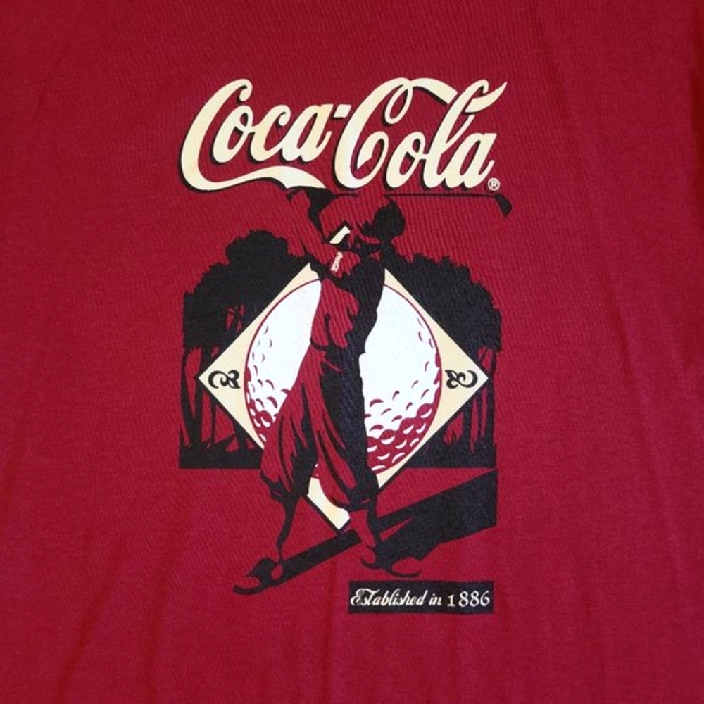 Vintage Coca Cola T-shirt Coca Cola logo, Golf Figure Maroon Red Est. 1886